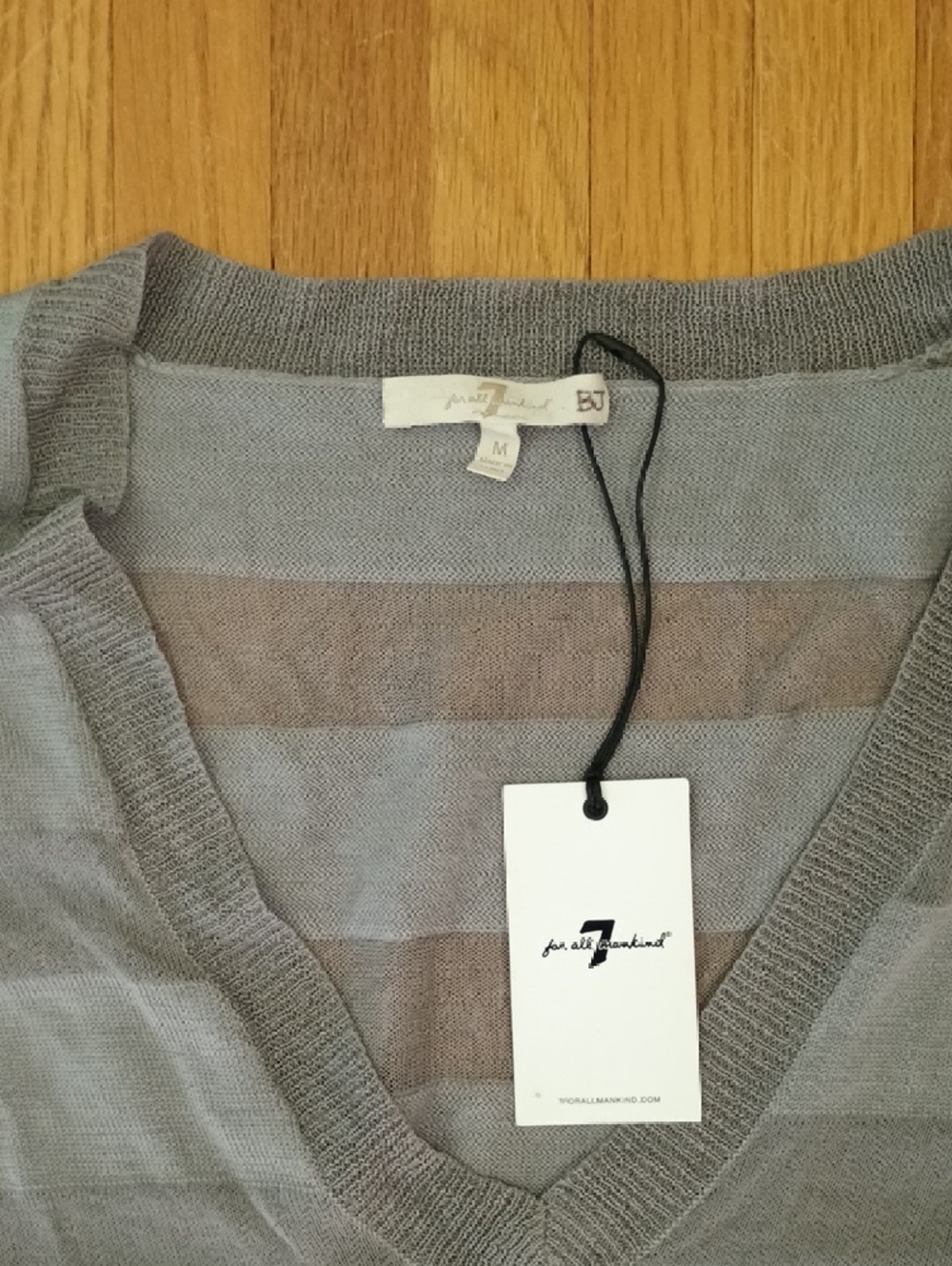 7 For All Mankind Light Gray Striped V-Neck Sweater - Picture 2 of 6